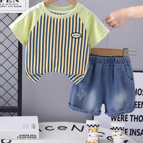 Boys Casual Summer Outfit Set-Striped T-Shirt and Denim Shorts