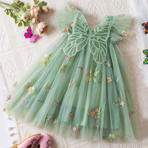 Girls Green Net Partywear Dress with 3D Butterfly Design-Fancy Birthday Frock for 2-6 Years