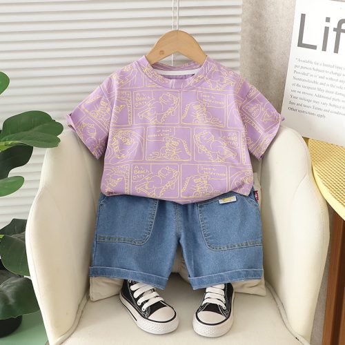 Boys Purple Outfit – Printed T-Shirt & Denim Shorts Summer Set | Ellenber