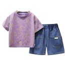 Boys Purple Outfit – Printed T-Shirt & Denim Shorts Summer Set | Ellenber