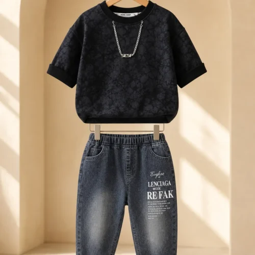 Boy wearing a black printed T-shirt and washed charcoal denim jeans set