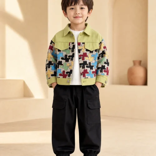 Boys 3-Piece Outfit – Trendy Printed Jacket, T-Shirt & Joggers | Ellenber