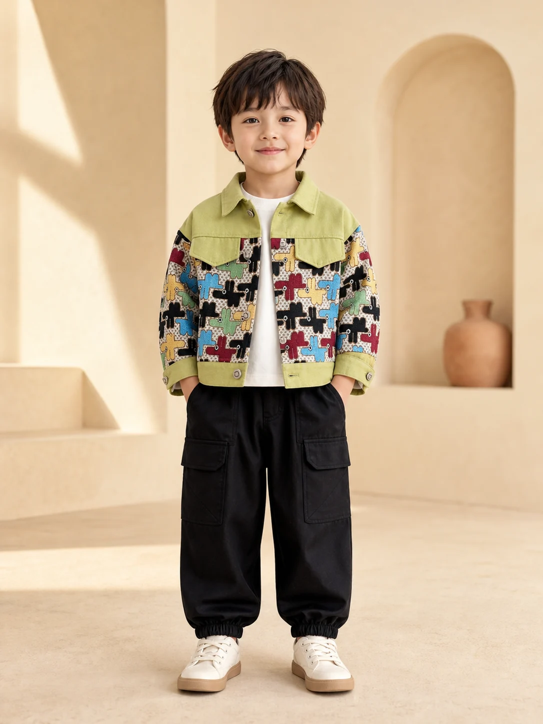 Boy wearing an olive green printed jacket with white T-shirt and black cargo joggers
