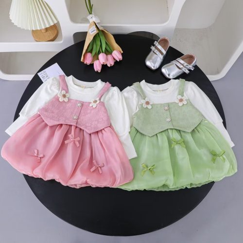 Girl Green and White Flower Dress  with Long Sleeves