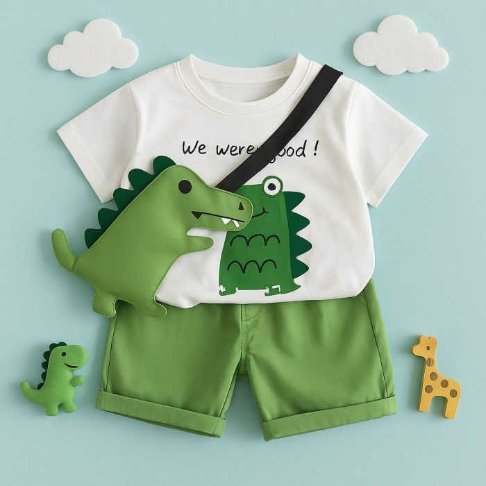 Dinosaur Print T-Shirt & Green Shorts Set with Dino Crossbody Bag - Image 2