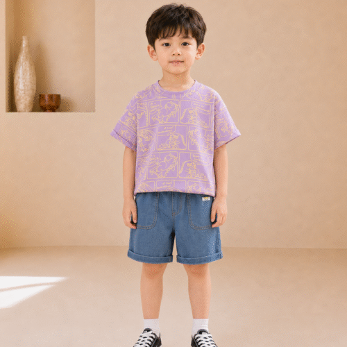 Boys Purple Outfit – Printed T-Shirt & Denim Shorts Summer Set | Ellenber