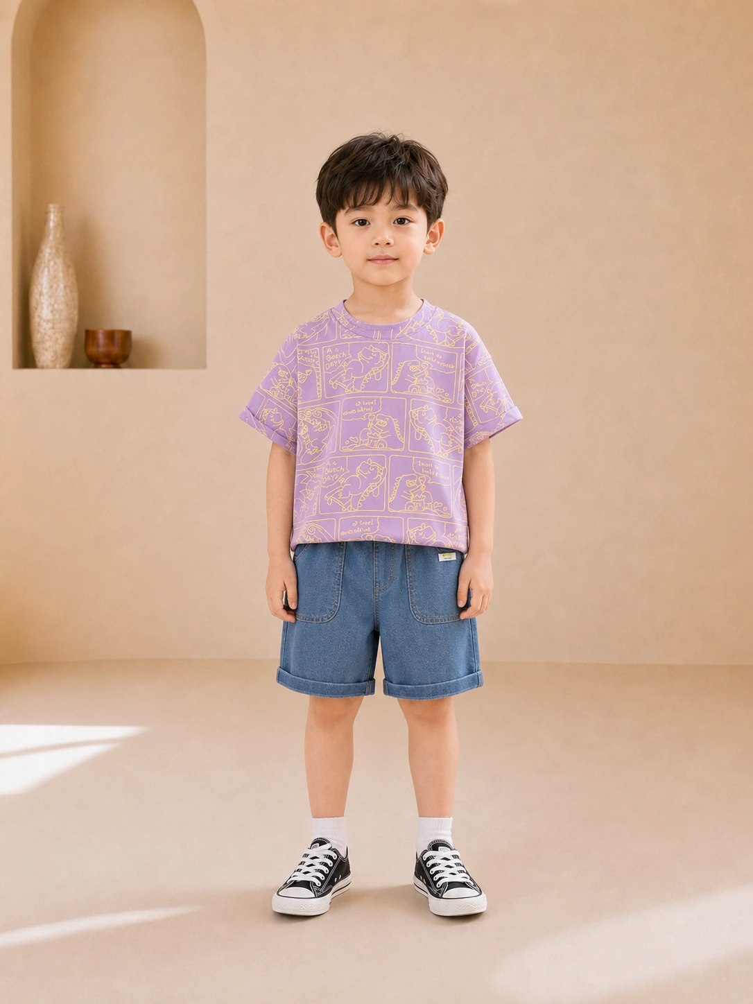 Boy wearing a purple dinosaur-print T-shirt and blue denim shorts