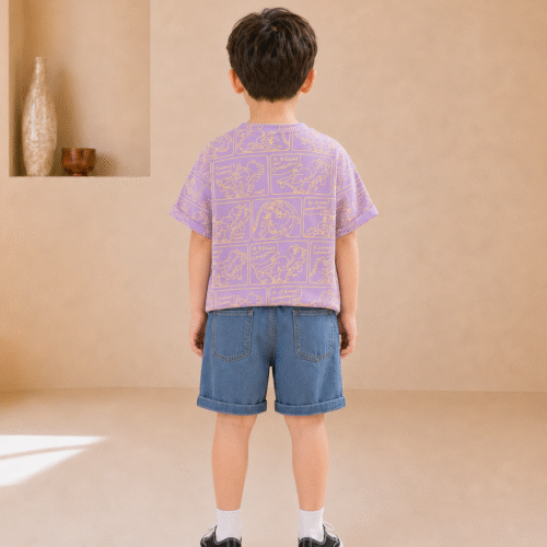 Boys Purple Outfit – Printed T-Shirt & Denim Shorts Summer Set | Ellenber