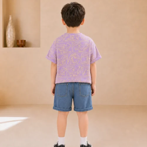 Boys Purple Outfit – Printed T-Shirt & Denim Shorts Summer Set | Ellenber