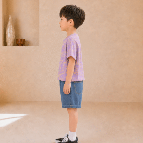 Boys Purple Outfit – Printed T-Shirt & Denim Shorts Summer Set | Ellenber