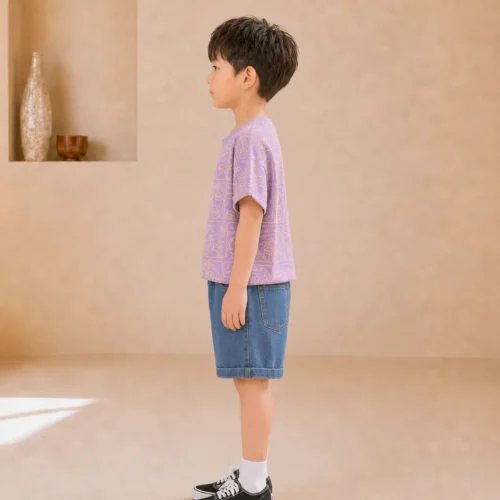 Boys Purple Outfit – Printed T-Shirt & Denim Shorts Summer Set | Ellenber