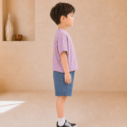 Boys Purple Outfit – Printed T-Shirt & Denim Shorts Summer Set | Ellenber