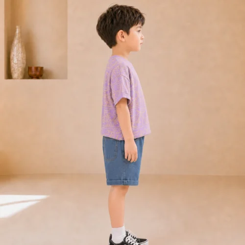 Boys Purple Outfit – Printed T-Shirt & Denim Shorts Summer Set | Ellenber