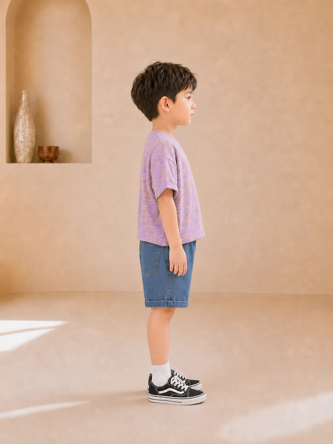 Boy wearing a purple dinosaur-print T-shirt and blue denim shorts