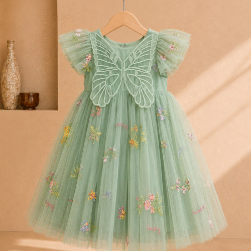 Girls Green Net Partywear Dress with 3D Butterfly Design-Fancy Birthday Frock for 2-6 Years