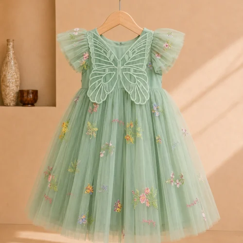 Girls Green Net Partywear Dress with 3D Butterfly Design-Fancy Birthday Frock for 2-6 Years