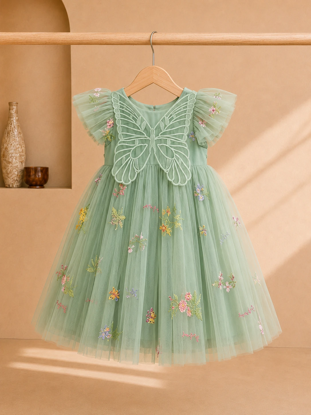 Girls mint green butterfly tulle party dress with floral embroidery