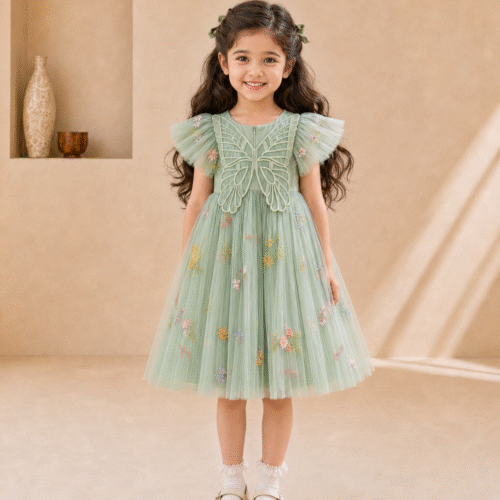 Girls Green Net Partywear Dress with 3D Butterfly Design-Fancy Birthday Frock for 2-6 Years