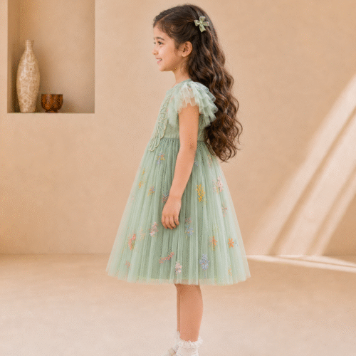 Girls Green Net Partywear Dress with 3D Butterfly Design-Fancy Birthday Frock for 2-6 Years