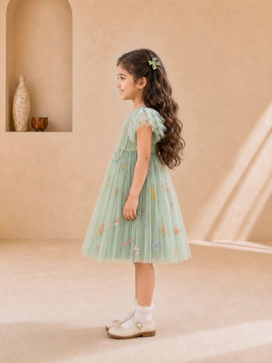 Girls mint green butterfly tulle party dress with floral embroidery