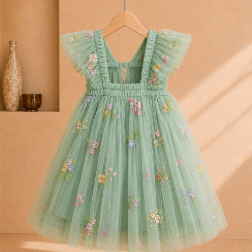 Girls Green Net Partywear Dress with 3D Butterfly Design-Fancy Birthday Frock for 2-6 Years