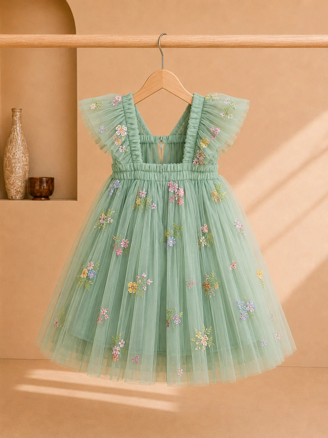 Girls mint green butterfly tulle party dress with floral embroidery