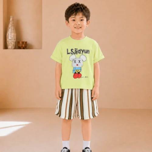 Boys Printed White Shirt with Shorts