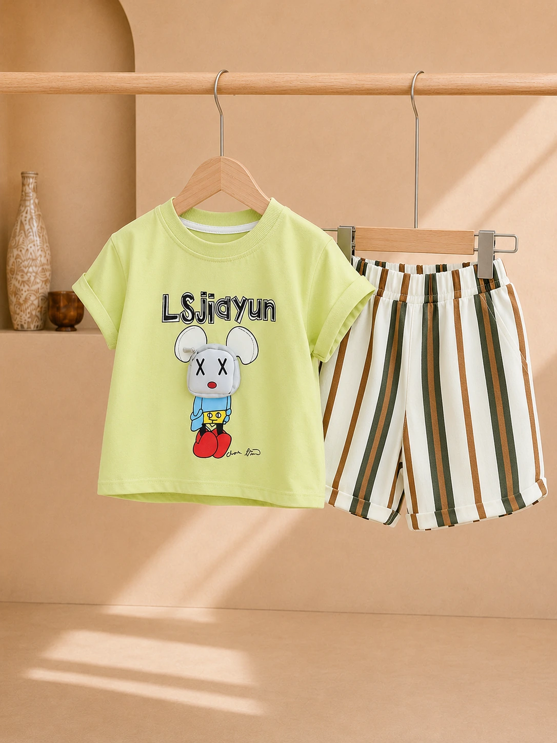 Boy wearing a lime green graphic T-shirt and striped knee-length shorts