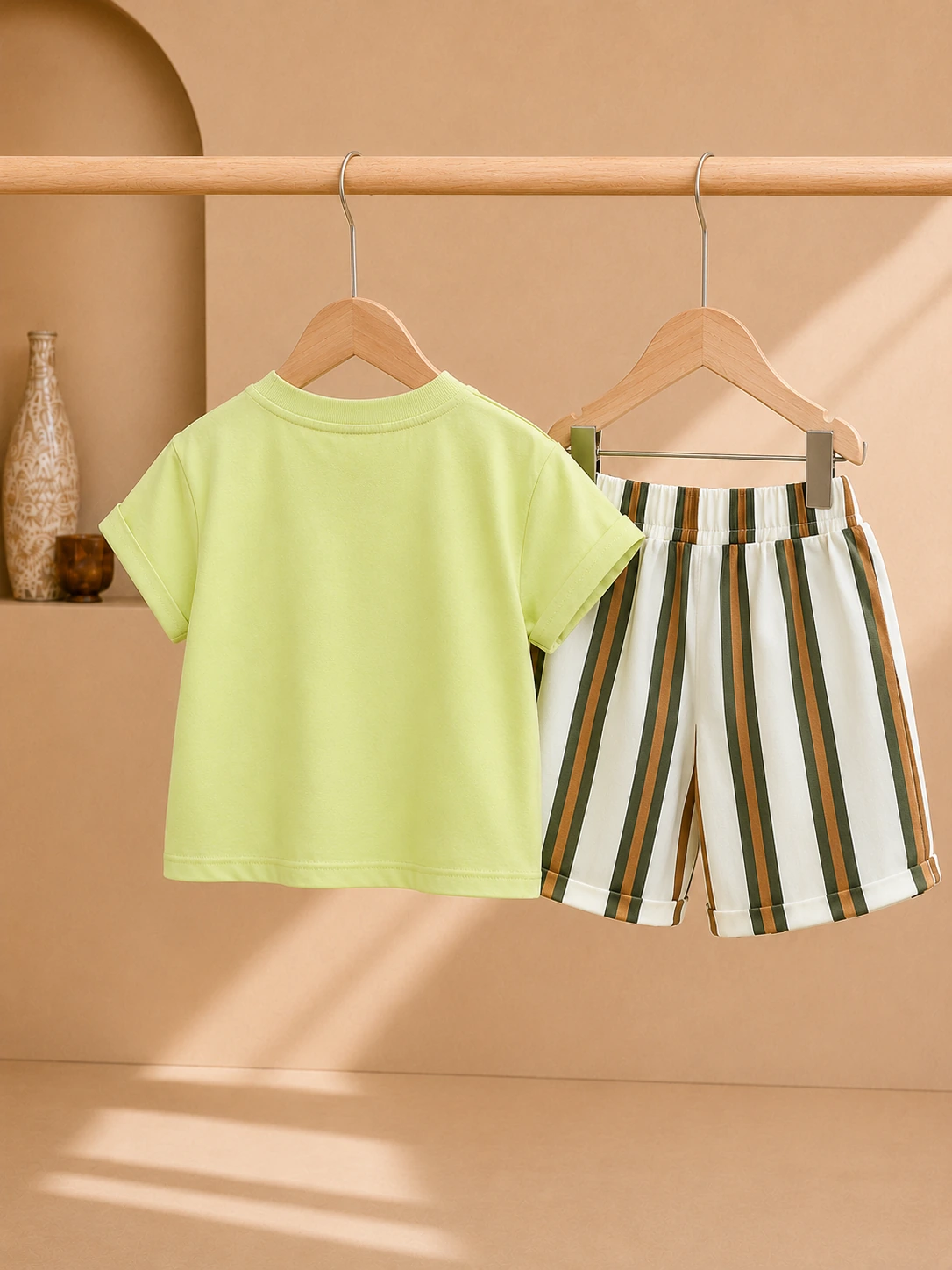 Boy wearing a lime green graphic T-shirt and striped knee-length shorts