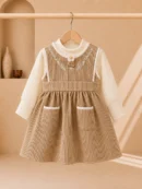 Girls beige corduroy pinafore dress with cream ribbed long-sleeve top