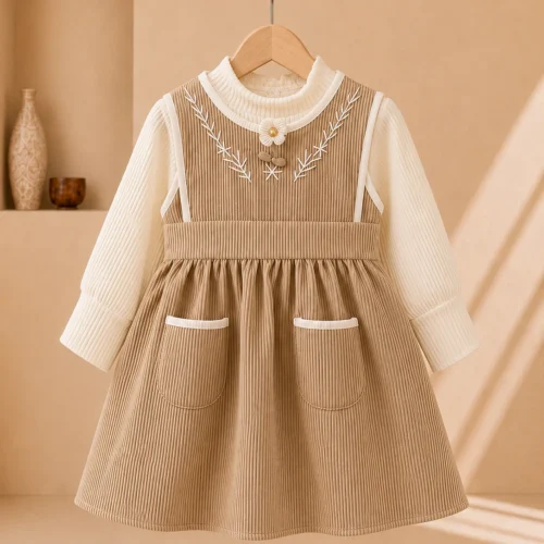 Girls beige corduroy pinafore dress with cream ribbed long-sleeve top