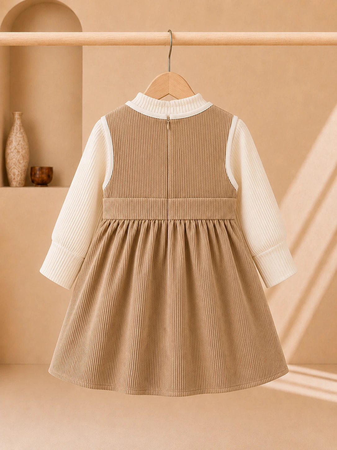 Girls beige corduroy pinafore dress with cream ribbed long-sleeve top