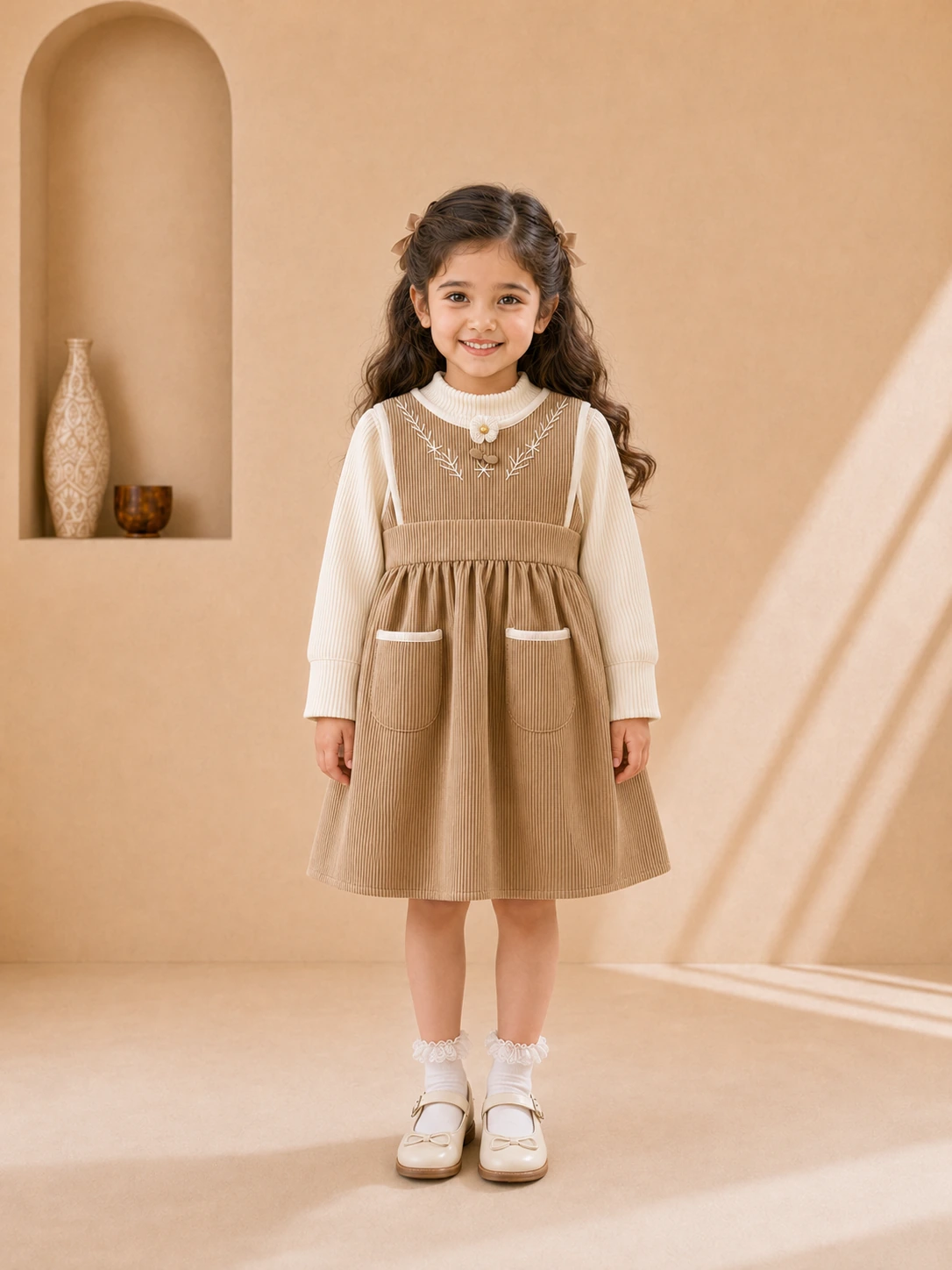 Girls beige corduroy pinafore dress with cream ribbed long-sleeve top