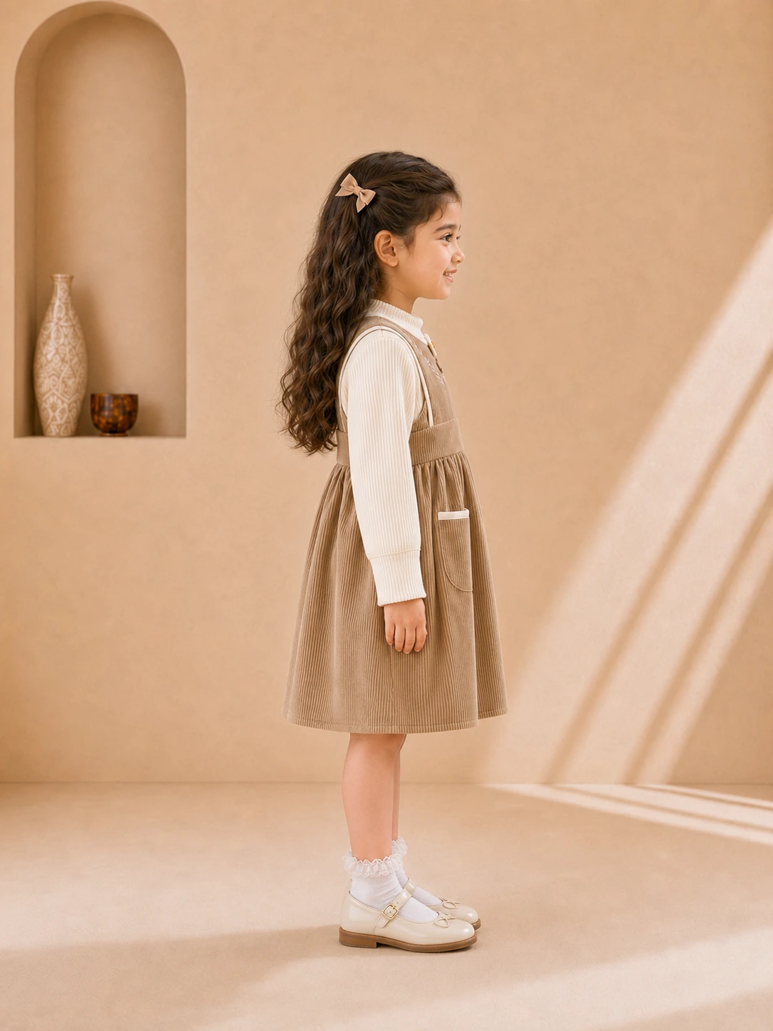 Girls beige corduroy pinafore dress with cream ribbed long-sleeve top