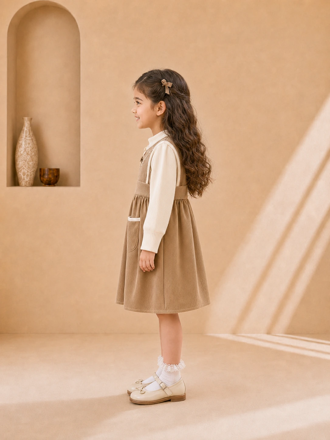 Girls beige corduroy pinafore dress with cream ribbed long-sleeve top