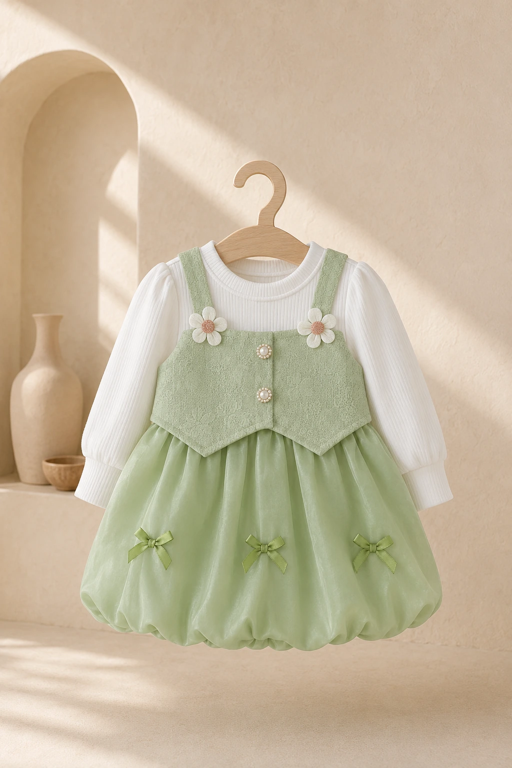Girl wearing a green pinafore party dress with a white long-sleeve top