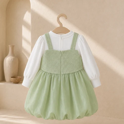 Girl Green and White Flower Dress with Long Sleeves