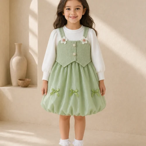 Girl Green and White Flower Dress with Long Sleeves