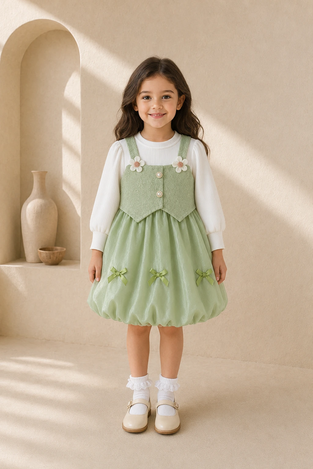 Girl wearing a green pinafore party dress with a white long-sleeve top