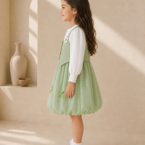 Girl Green and White Flower Dress with Long Sleeves