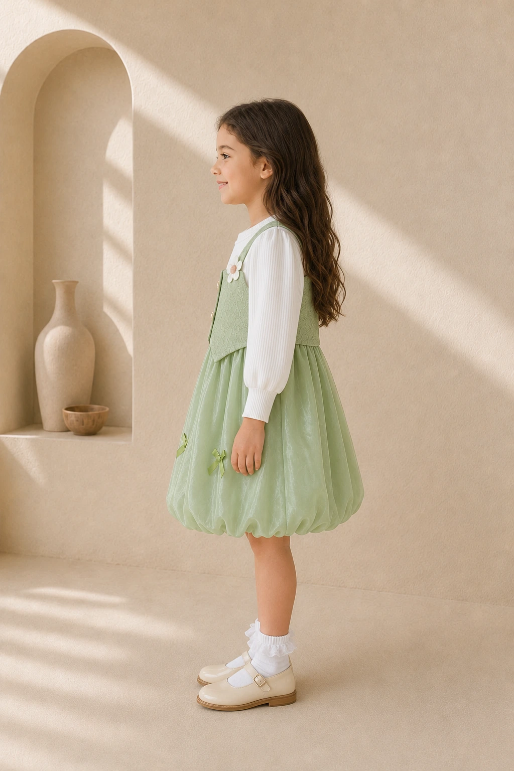 Girl wearing a green pinafore party dress with a white long-sleeve top