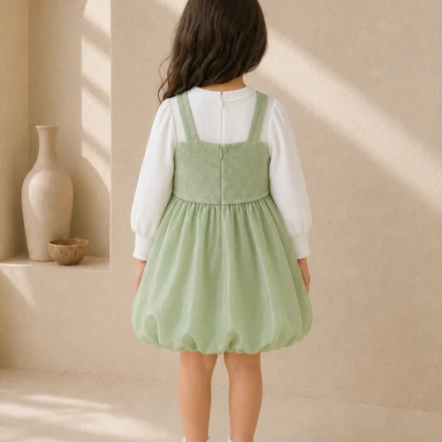 Girl Green and White Flower Dress with Long Sleeves