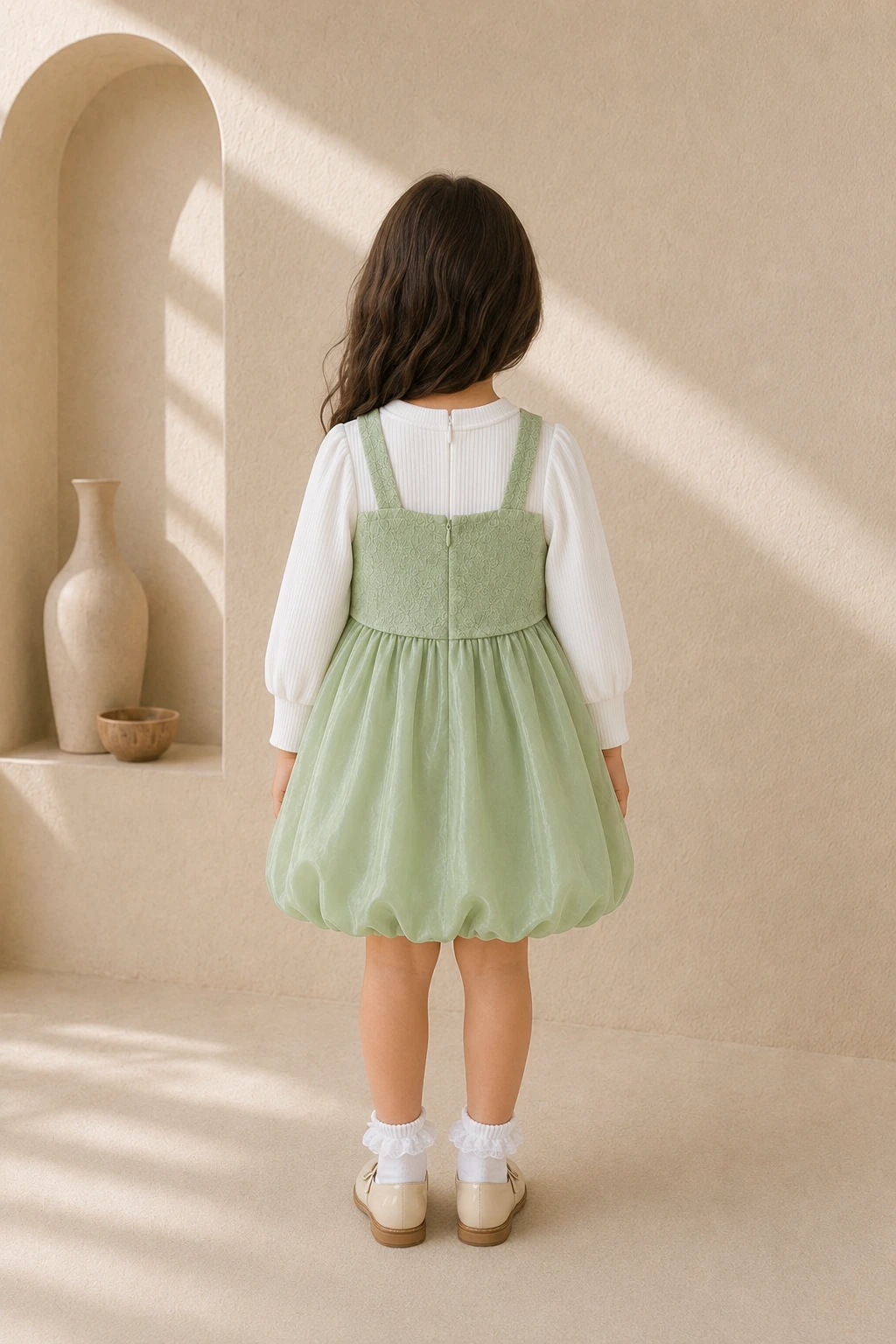 Girl wearing a green pinafore party dress with a white long-sleeve top