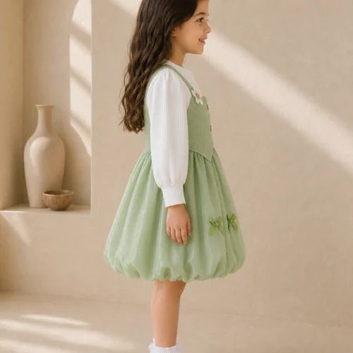 Girl Green and White Flower Dress with Long Sleeves