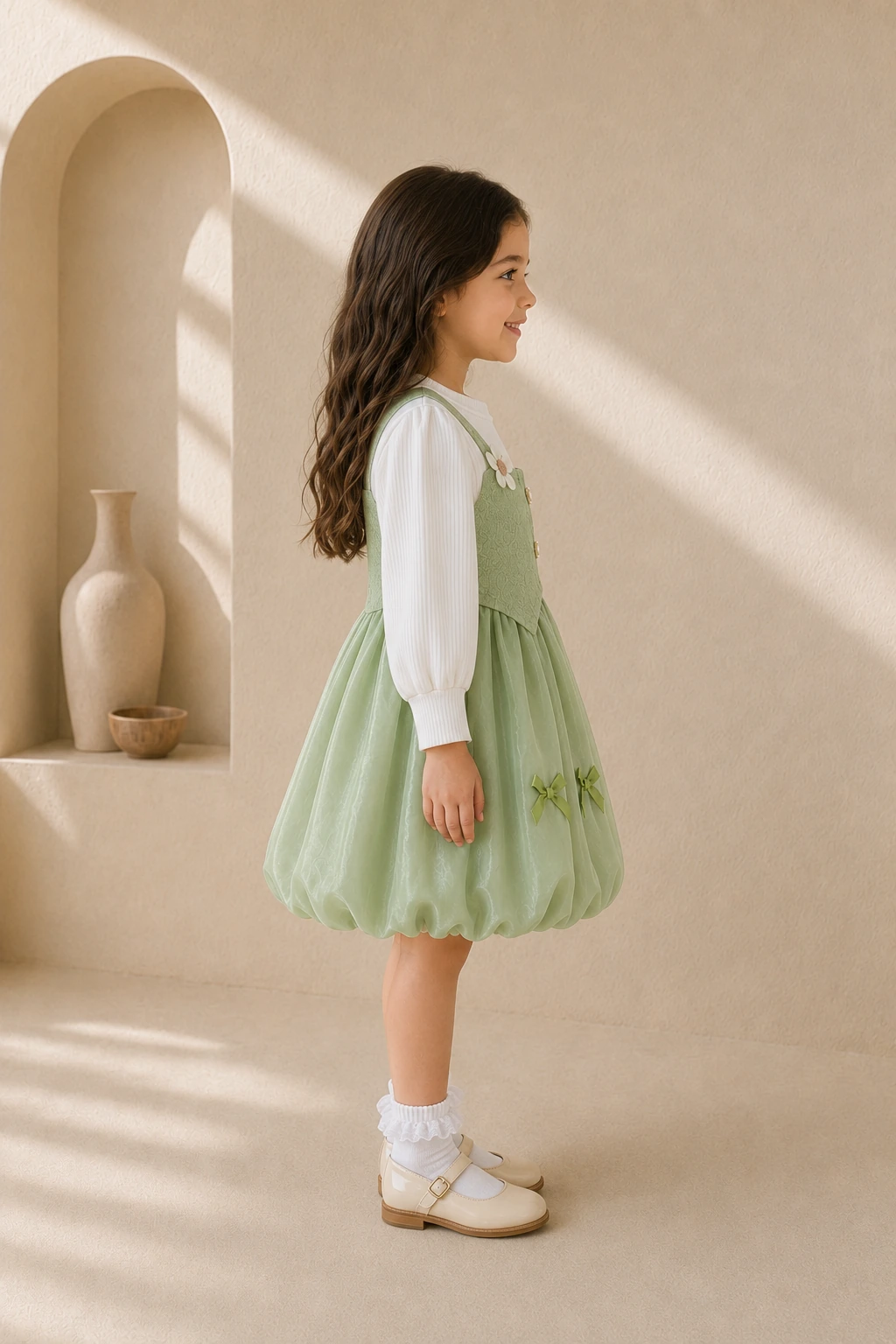 Girl wearing a green pinafore party dress with a white long-sleeve top