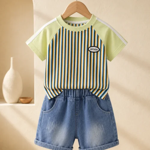 Boys green striped T-shirt and blue denim shorts set on hanger