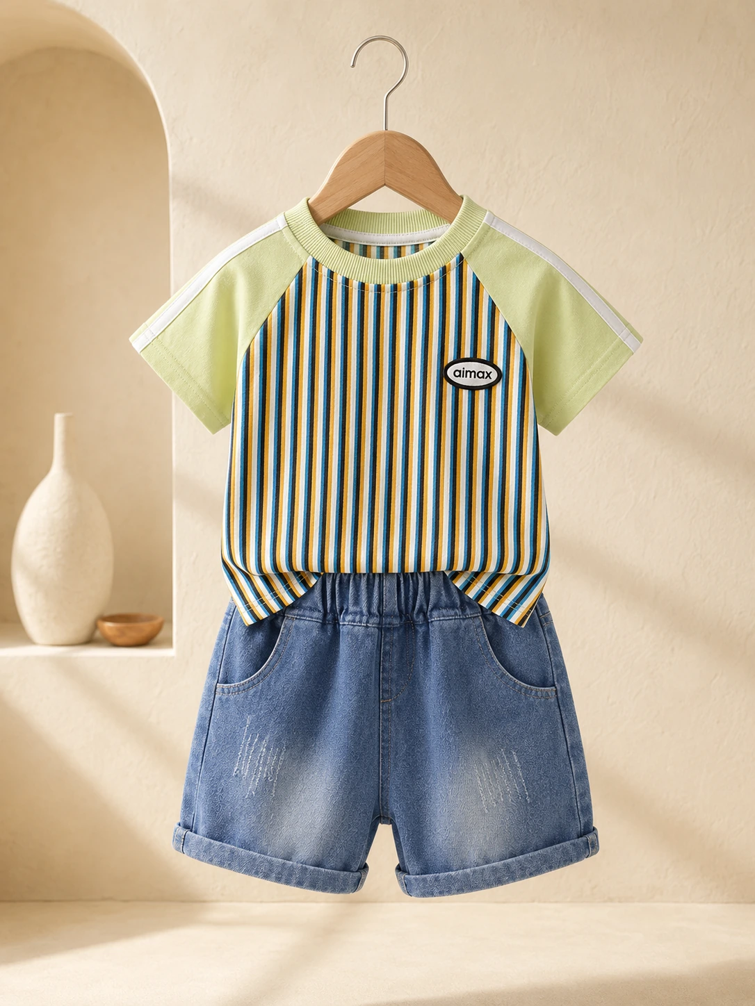 Boys green striped T-shirt and blue denim shorts set on hanger