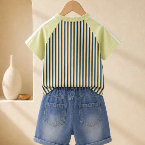 Boys Casual Summer Outfit Set-Striped T-Shirt and Denim Shorts