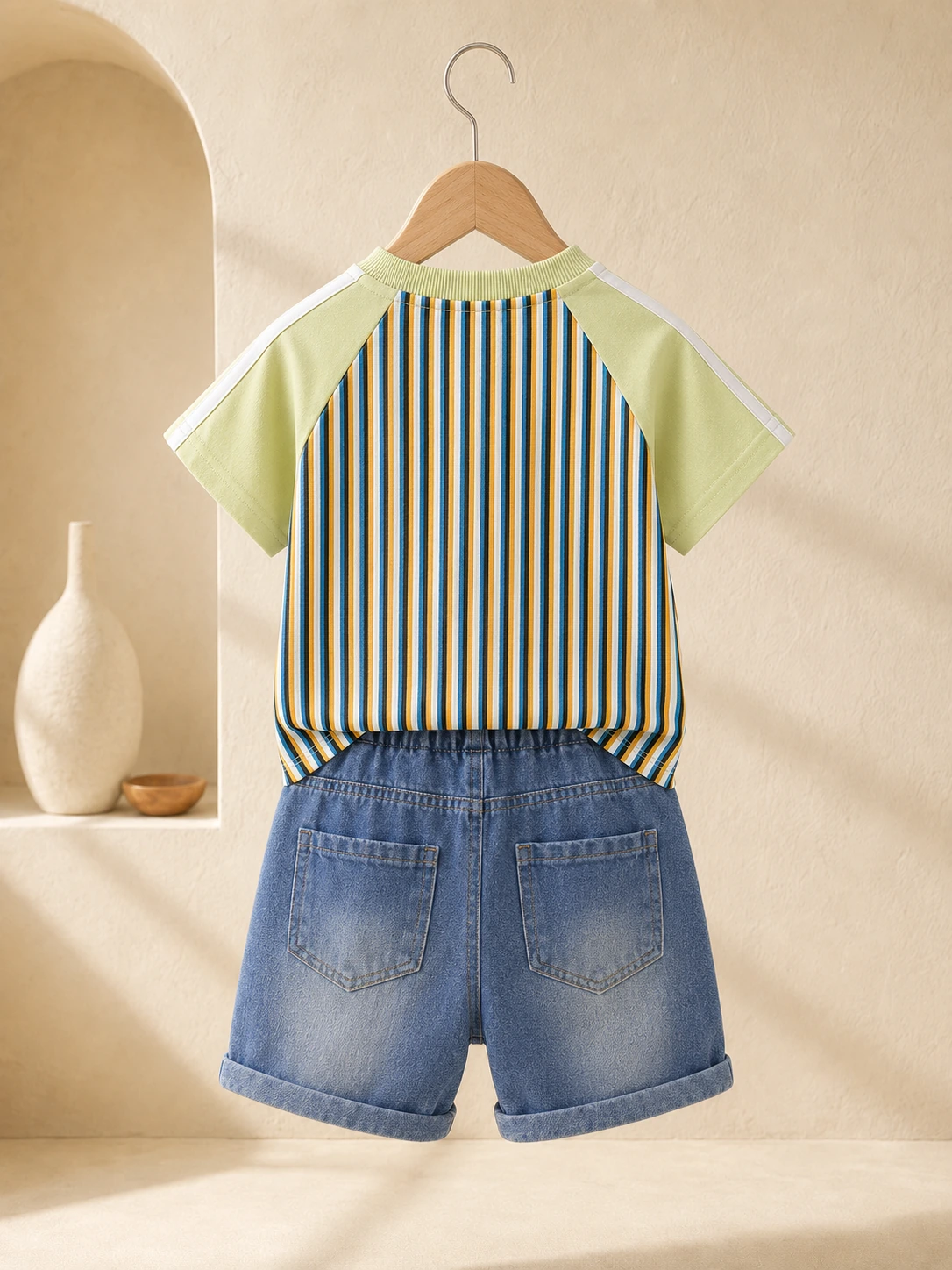 Boys green striped T-shirt and blue denim shorts set on hanger