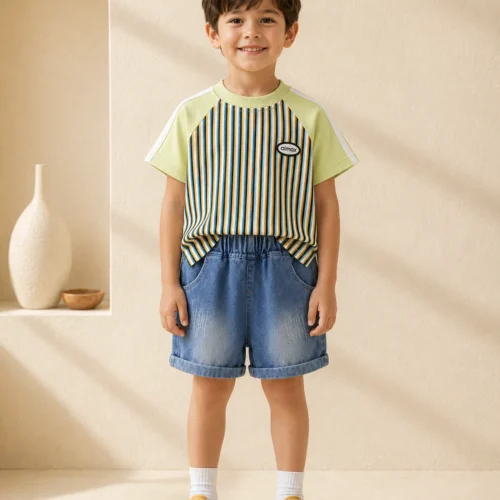 Boys Casual Summer Outfit Set-Striped T-Shirt and Denim Shorts